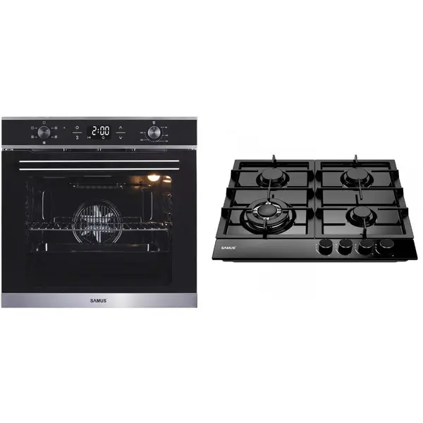 Samus Pachet Samus ONL38 Cuptor incorporabil Samus SC625GDX5, Electric, 75 L, 5 functii (Negru/Inox) + Plita incorporabila PSG-64SMB1, 4 arzatoare pe gaz, 1 arzator triplu, Montata pentru gaz natural, Negru