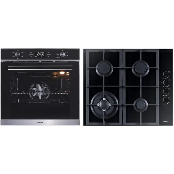 Samus Pachet Samus ONL4 Cuptor incorporabil Samus SC625GDX5, Electric, 75 L, 5 functii + Plita incorporabila Samus PSG-64SG4, 4 Arzatoare, Aprindere electrica, Siguranta, Negru