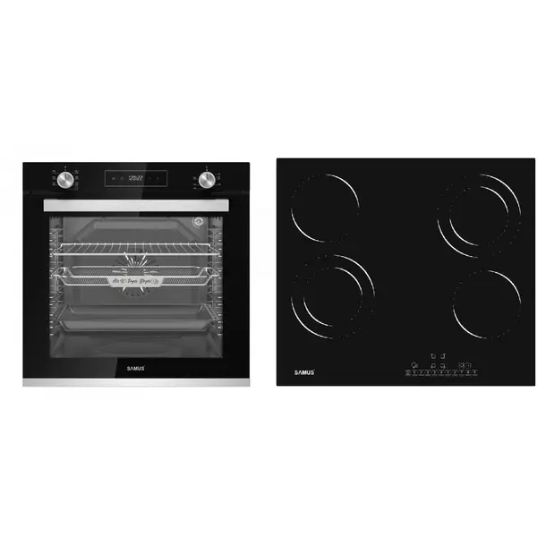 Samus Pachet Samus ONL46 Cuptor incorporabil Samus SCE827GCF, 80 l, 2500 W, 7 Functii, Clasa energetica A, Timer digital, Grill electric, Ventilator, Curatare catalitica (Negru) + Plita incorporabila Samus PSVE-64BG3, Vitroceramica, 5800 W, Negru