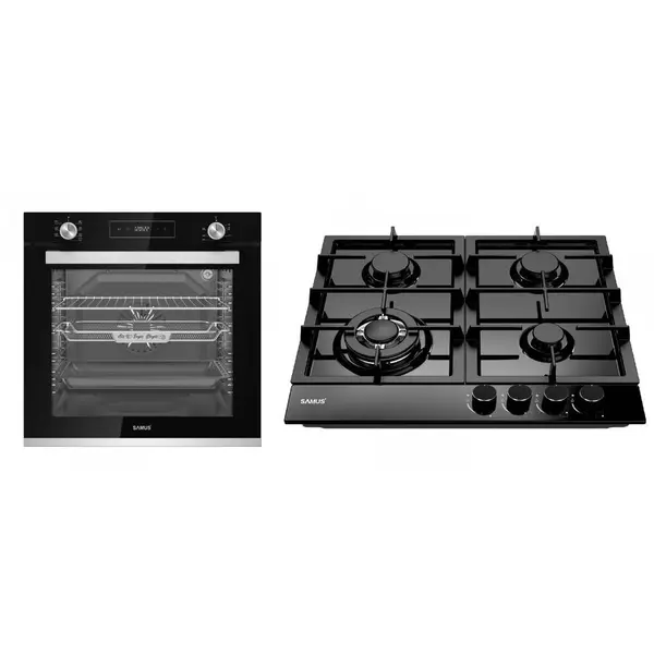 Samus Pachet Samus ONL47 Cuptor incorporabil Samus SCE827GCF, 80 l, 2500 W, 7 Functii, Clasa energetica A, Timer digital, Grill electric, Ventilator, Curatare catalitica, Negru+Plita incorporabila Samus PSG-64SMB1 4 arzatoare pe gaz, 1 arzator triplu, Mo
