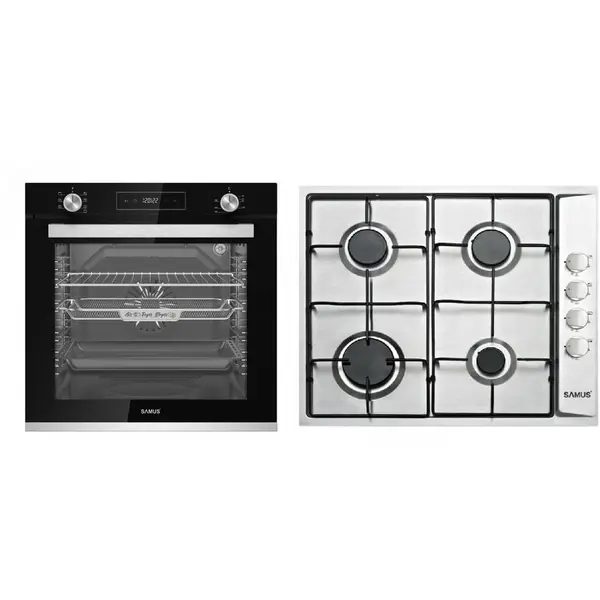 Samus Pachet Samus ONL49 Cuptor incorporabil Samus SCE827GCF, 80 l, 2500 W, 7 Functii, Clasa energetica A, Timer digital, Grill electric, Ventilator, Curatare catalitica (Negru) + Plita incorporabila Samus PSG-64SX, 4 Arzatoare, Gaz, ArgintiuArgintiu