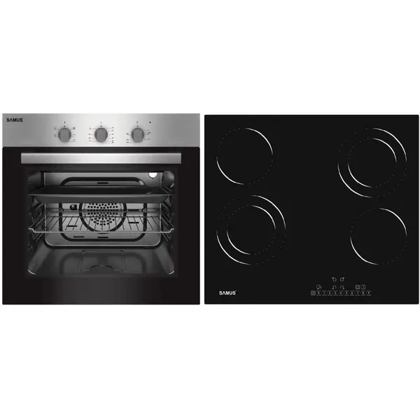 Samus Pachet Samus ONL50 Cuptor incorporabil Samus SC616GTXV, Electric, 56 L, 5 functii (Negru/Inox) + Plita incorporabila Samus PSVE-64BG3, Vitroceramica, 5800 W, 4 Zone de gatit, Negru