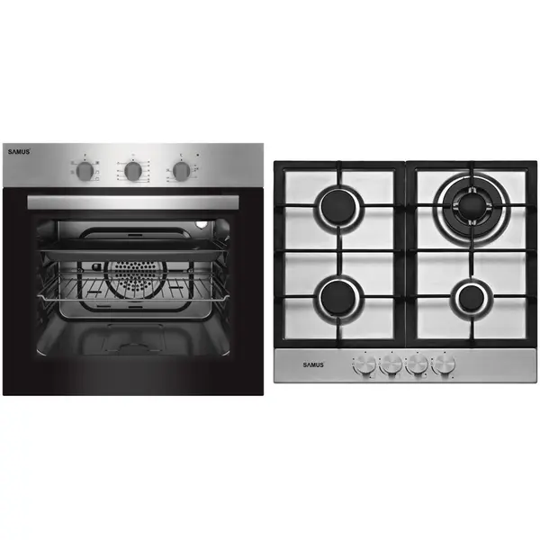 Samus PACHET SAMUS - V7, Cuptor electric incorporabil SC616GTXV + plita pe gaz incorporabila PSG-64SX2, clasa A, 56 litri, 5 functii, 4 arzatoare, aprindere electrica, gratare fonta, negru + argintiu