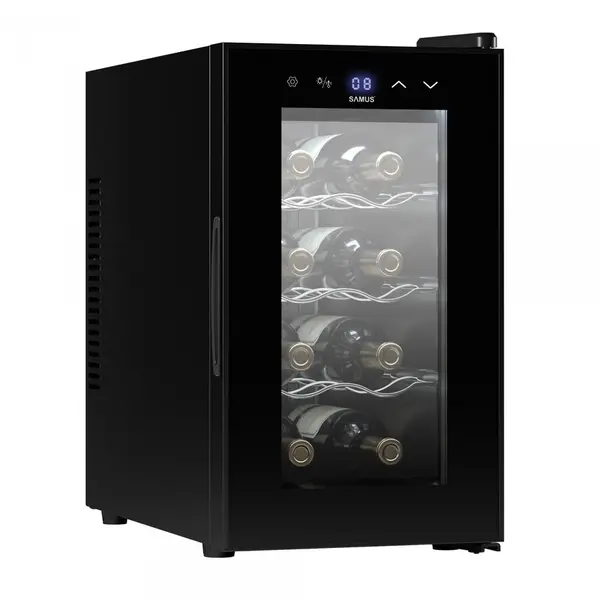 Samus Racitor pentru vin Samus SRV25CR8, 21 L, Capacitate 8 sticle, Clasa energetica E, Mod racire termoelectric, Afisaj Electronic, H 47.5 cm, Negru