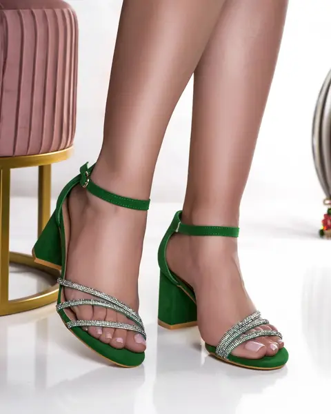 Sandale dama cu toc verzi din imitatie catifea omler