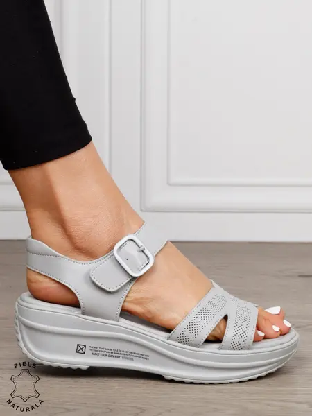Sandale dama din Piele Naturala cu inchidere catarama CRL1546 GRI