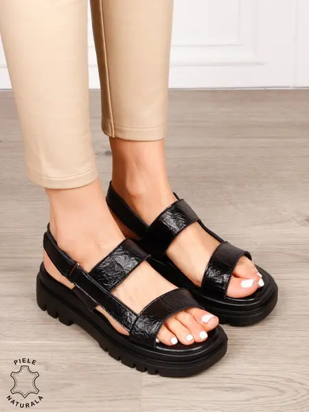 Sandale damă din piele naturală model casual chic CRL1654 NEGRU