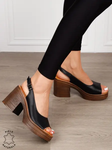 Sandale dama din Piele Naturala model clasic cu toc gros si inalt CRL1641 NEGRU