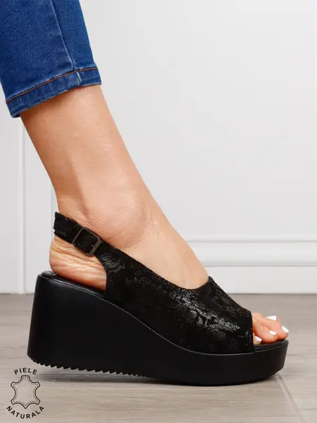 Sandale damă din piele naturală talpa tip platorma cu cataramă CRL1644 ALL BLACK