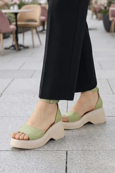 Sandale Dama din Piele VERZI cu Toc Gros - TLEA GREEN