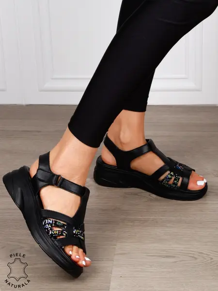 SANDALE Dama Piele Naturala cu talpa usor inalta CRL1603 NEGRU