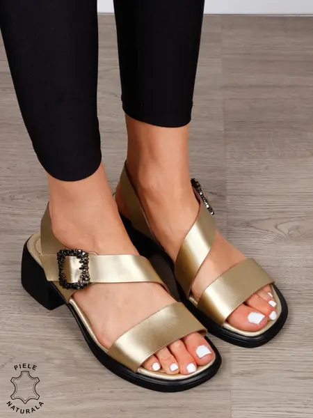 SANDALE Dama Piele Naturala cu toc patrat gros CRL1601 AURIU