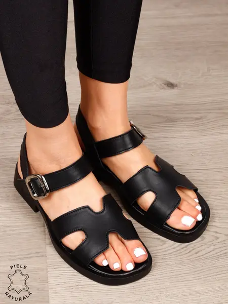 SANDALE Dama Piele Naturala cu toc patrat mic CRL1602 NEGRU