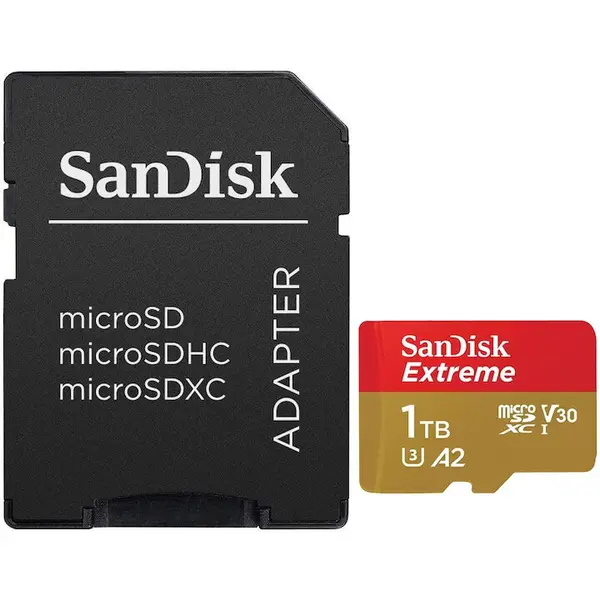 Sandisk Card de memorie SanDisk Extreme microSDXC 1 TB, pana la 190MB/s & 130MB/s Read/Write speeds A2 C10 V30 UHS-I U3 + SD Adapter