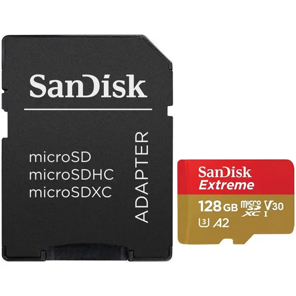 Sandisk Card de memorie SanDisk Extreme microSDXC 128 GB, pana la 190MB/s & 90MB/s Read/Write speeds A2 C10 V30 UHS-I U3+ SD Adapter