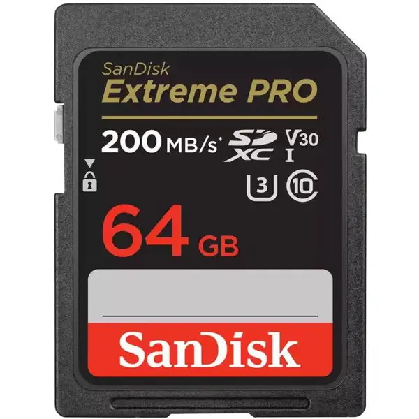 Sandisk Card de memorie SanDisk Extreme PRO 64 GB SDXC pana la 200MB/s & 90MB/s Read/Write speeds, UHS-I, Class 10, U3, V30