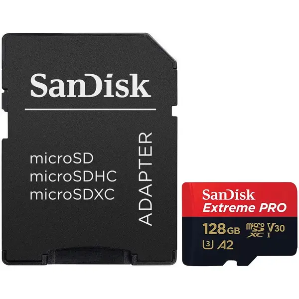 Sandisk Card de memorie SanDisk Extreme PRO microSDXC 128 GB,pana la 200MB/s & 90MB/s Read/Write speeds A2 C10 V30 UHS-I U3 + SD Adapter