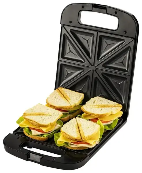 Sandwich-maker Adler AD 3055, 2000 W, 4 sandwich-uri, placi antiaderente, maner izolat termic (Negru)