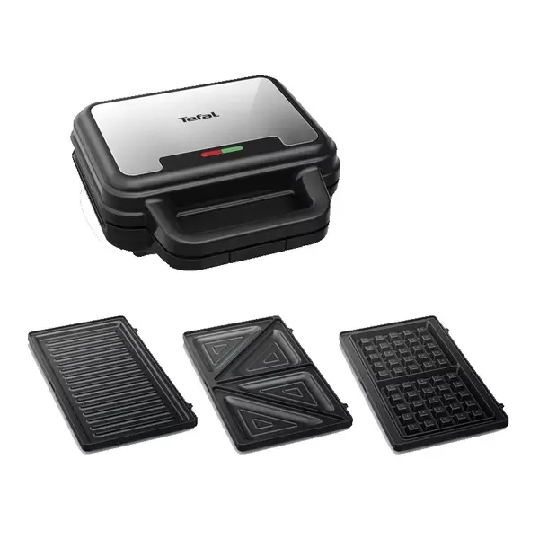 Sandwich maker Tefal UltraCompact 3 in 1 SW383D10, 700W, placi detasabile pentru gofre, sandwich-uri si panini, invelis antiaderent, negru argintiu