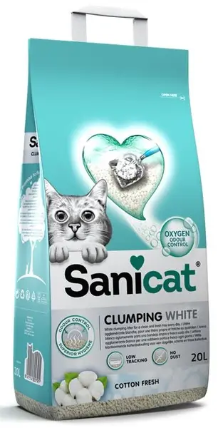 SANICAT Clumping Nisip pentru pisici White Cotton Fresh, bentonită 20L/17kg