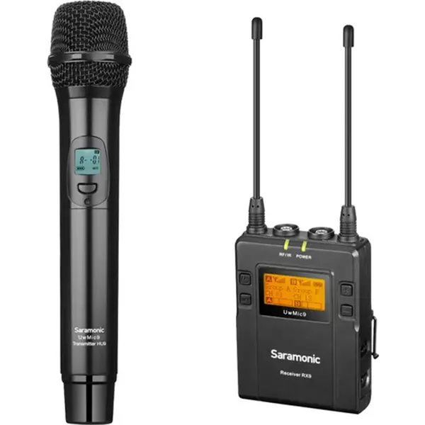 SARAMONIC Microfon wireless UHF SaramonicUwMic9 Kit4, 1x transmitator de mana pentru sistemul UwMic9 HU9, 1x receptor UHF cu 2 canale RX9, Negru