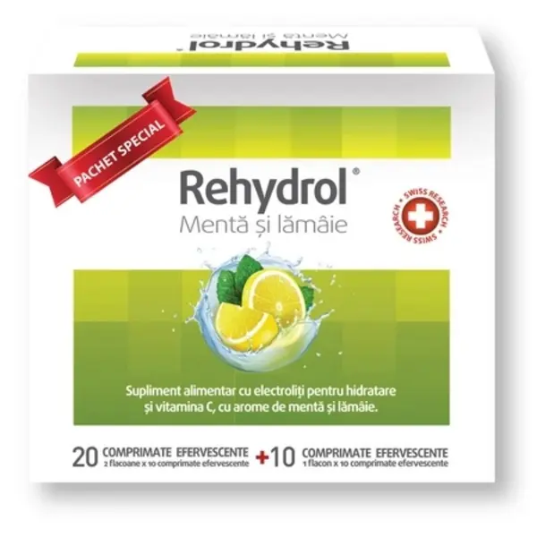 Saruri de rehidratare cu menta si lamaie Rehydrol, 20 + 10 comprimate efervescente, MBA Pharma