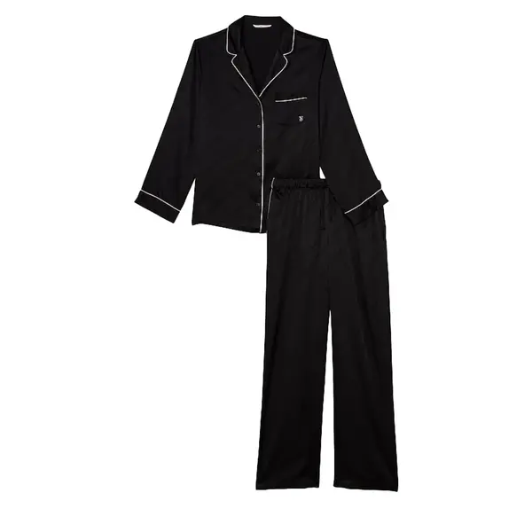 Satin long pajama set - black L