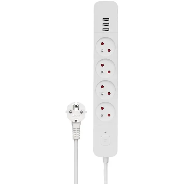 Savio Prelungitor Savio LZ-12, Protectie la supratensiune, 4 Prize cu impamantare, 3 porturi incarcare rapida USB-A, Buton ON/OFF, 1.5 m, Alb