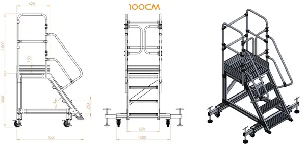 Scara industriala din aluminiu cu 3-8 trepte, platforma si roti ajustabile, h=100-225(cm), inaltime lucru 3-4,25(m) - CNO-SME-ALPL1
