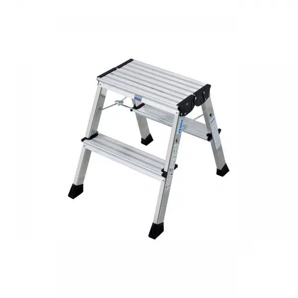 Scara mobila dubla cu trepte pe doua parti din aluminiu, Krause, Monto "Rolly", 2.45m inaltime lucru, 2x2 trepte, pliabila, argintiu