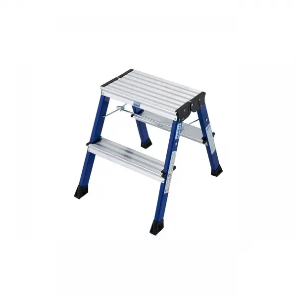 Scara mobila dubla cu trepte pe doua parti din aluminiu, Krause, Monto "Rolly", 2.45m inaltime lucru, 2x2 trepte, pliabila, albastru