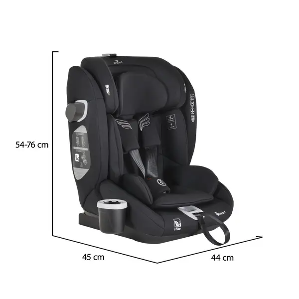 Scaun auto Cangaroo Falcon Pirate black 76-150 cm,certificat I-Size R129,protectie SPS,tetiera din spuma memorie reglabila 9 pozitii,salteluta reductor si suport pahar incluse