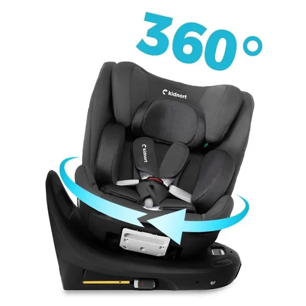 Scaun auto pentru copii, Kidnort, cu baza isofix, picior stabilizator, rotativ 360, i-Size R129, tetiera cu spuma de memorie, 40-150 cm, parasolar reglabil, Orn Grey