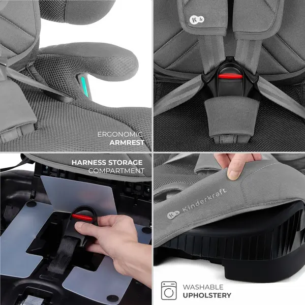Scaun auto pentru copii Kinderkraft Fix2go Grey, 76-150 cm, I-size, pliabil, prindere Top tether, spatar reglabil, SPS