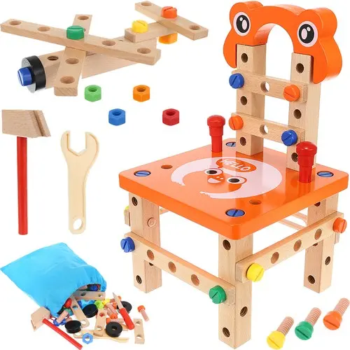 Scaun cu instrumente multifuncționale Jucării educaționale cu piulițe și șuruburi Scaun de asamblare DIY Atelier lemn WD9441