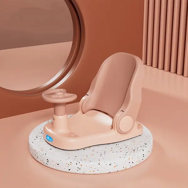 Scaun de baie Little Mom Driver Pink cu volan si spatar reglabil in 3 pozitii, margini rotunjite, fixare cu ventuze, dimensiune 20x40x18 cm, varsta recomandata 6 luni+