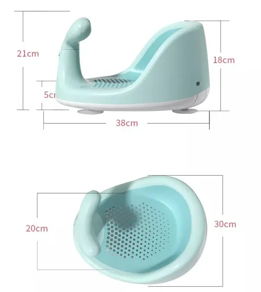 Scaun de baie pentru bebelusi Little Mom Green Whale, antiderapant cu 150 orificii de aerisire, baza stabila cu 4 ventuze si maner de sustinere integrat, dimensiune 38 cm x 30 cm x 21 cm