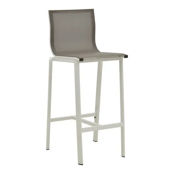 Scaun de bar stivuibil cu structură din aluminiu Melina, textil, alb și gri, 57x52x106 cm