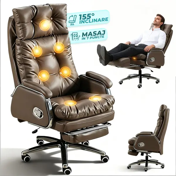 Scaun de Birou Ergonomic cu Masaj in 7 Puncte, 155°, Piele Premium, Maro - Default Title