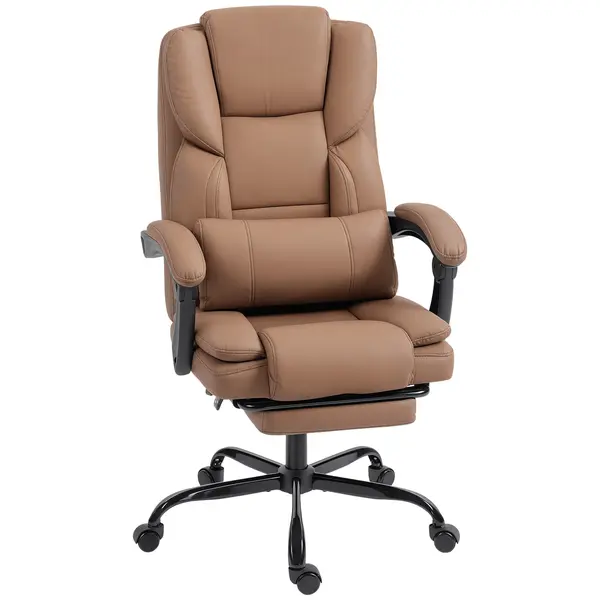 Scaun de birou ergonomic HOMCOM reclinabil 140° cu reposapiede și pernă, scaun de birou din piele ecologică anti-zgârieturi, ușor de curățat, brațe îmbunătățite, pivotant și reglabil pe înălțime, maro | Aosom Romania