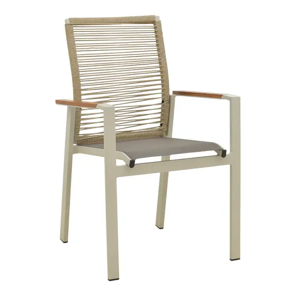 Scaun de exterior stivuibil cu brațe Aegean, aluminiu și textil, crem, 56x58x91 cm