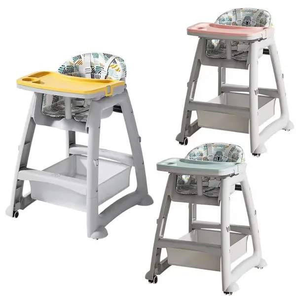 Scaun de masa Little Mom Yellow multifunctional cu roti detasabile, cos pentru accesorii, centura siguranta, tava dubla reglabila, husa detasabila, margini rotunjite, dimensiune 59x58x78cm
