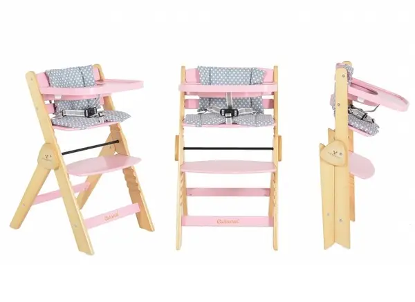 Scaun de masa multifunctional Cangaroo Caramel Pink 2in1 din lemn cu sezut reglabil 3 nivele,de la 6luni,suport picioare reglabil 6 nivele,pliere compacta,centura de siguranta,pernuta moale inclusa,picioare antiderapante