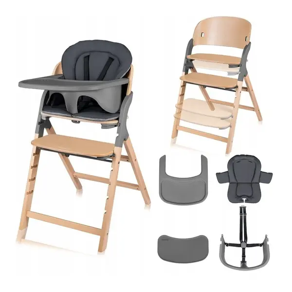 Scaun de masa multifunctional Megan Lionelo, din lemn de fag, 6 luni- adult, reglabil pe inaltime, husa impermeabila, tavita silicon, suport de picioare reglabil, greutate maxima 110 Kg, Gri