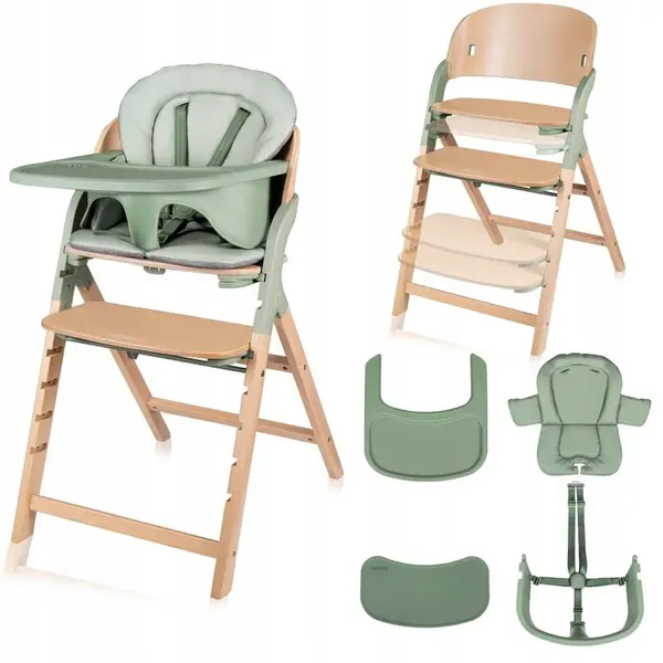 Scaun de masa multifunctional Megan Lionelo, din lemn de fag, 6 luni- adult, reglabil pe inaltime, husa impermeabila, tavita silicon, suport de picioare reglabil, greutate maxima 110 Kg, Verde