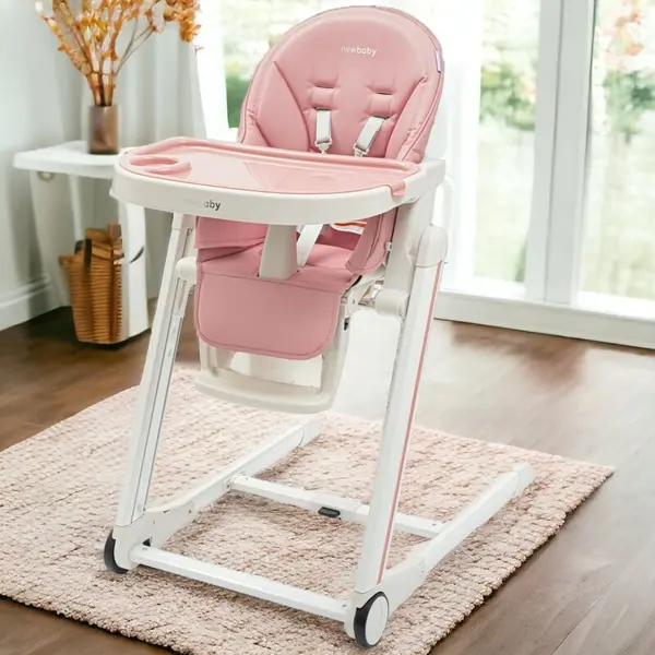 Scaun de masa New Baby Muka Dusty Pink 6-36 luni, pliabil, reglabil pe inaltime in 5 trepte, reglare suport pentru picioare in 3 trepte, greutate admisa 15 kg