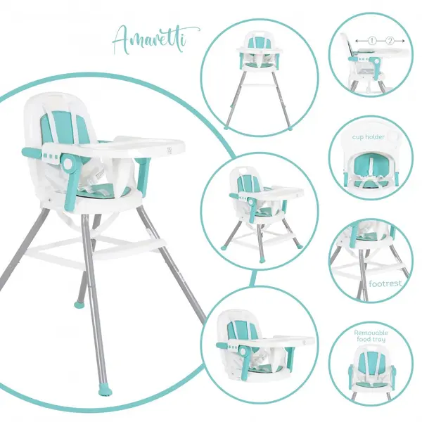Scaun de masa pentru bebelusi Moni Amaretti Mint multifunctional 3in1,functie booster si scaunel,masuta reglabila,husa piele ecologica,suport picioare reglabil,centuri de siguranta