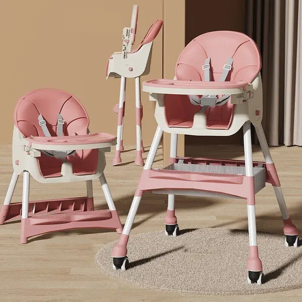Scaun de Masa pentru Bebelusi si Copii cu Roti, Telescopic, Pliabil, Masuta Reglabila, Suport Picioare, Scaun cu Invelis Piele Artificiala, Centura Siguranta, Spatiu Depozitare, 97x73x65 cm,