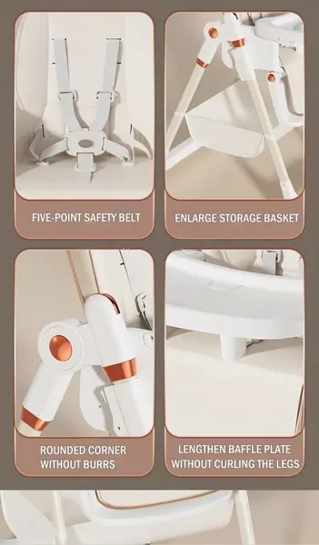 Scaun de masa pentru copii Little Mom Brown multifunctional 3 in 1, pliabil, cu tavita dubla extensibila, roti cu sistem de blocare, cos pentru accesorii si husa detasabila, dimensiune 71 x 48 x 89 cm
