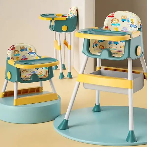 Scaun de masa pentru copii Little Mom Jungle Green pliabil, transformabil 2 in 1, cu tavita dubla reglabila in 3 pozitii, cos de depozitare, dimensiune 66 x 62 x 87 cm,